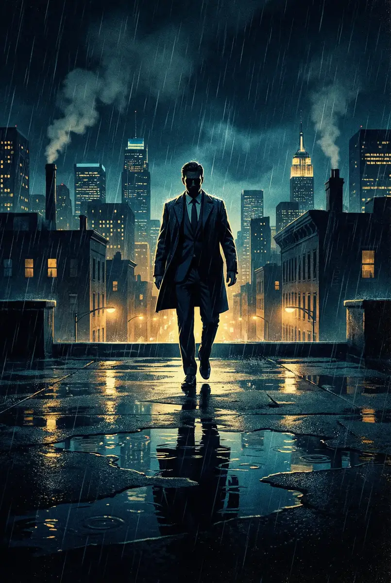 无贼演员表 出品影片《雨夜独行者》海报，雨中城市屋顶男性剪影